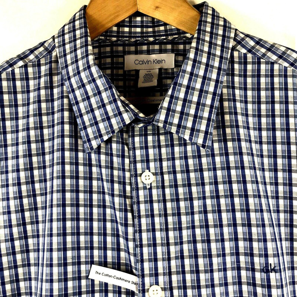 CALVIN KLEIN The Cotton Cashmere Shirt Mens XXL Blue Plaid Long Sleeve $79.50